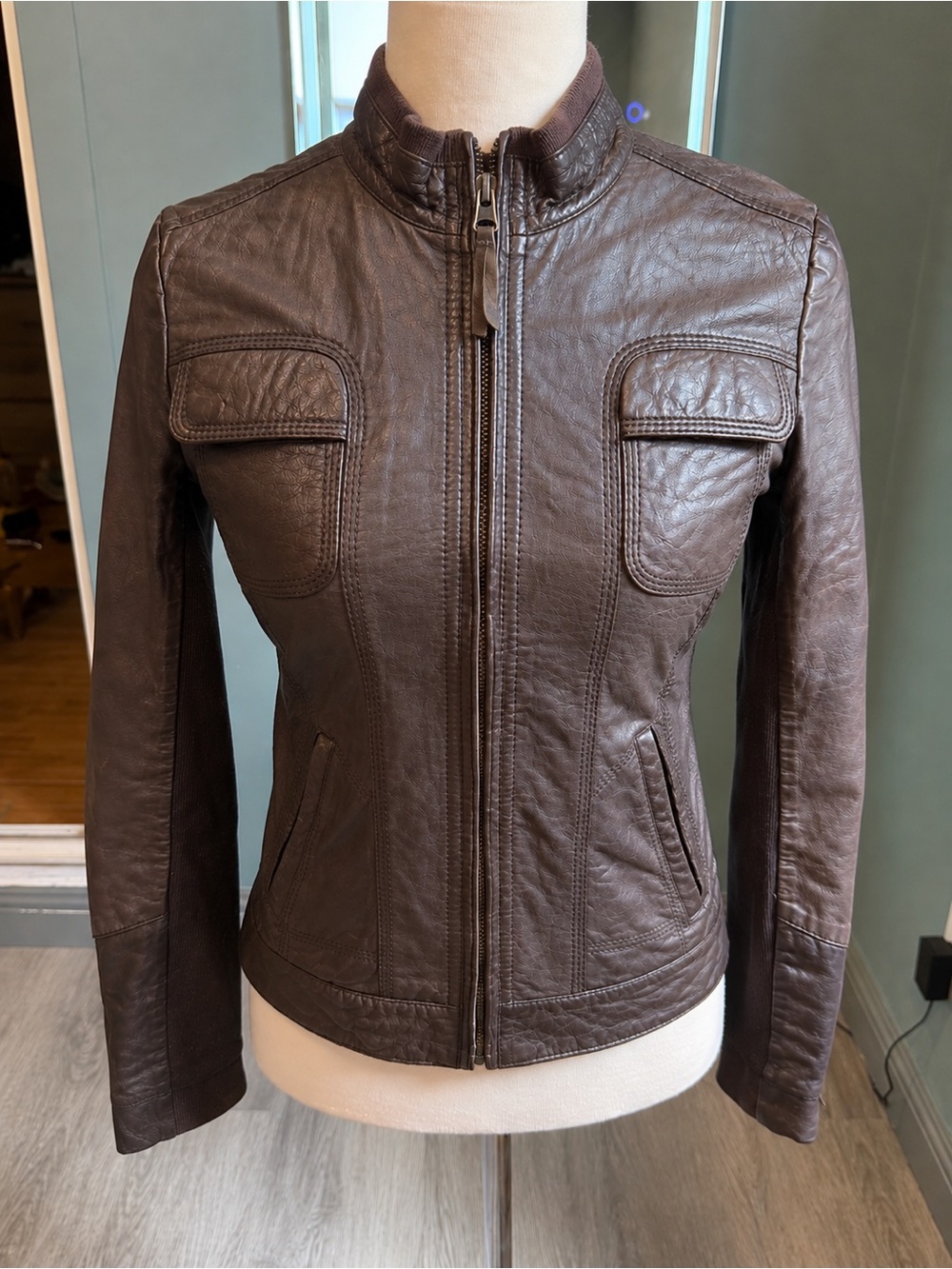 Vintage Y2K MNG Mango Brown Genuine Sheep Leather Fitted Moto Jacket XS